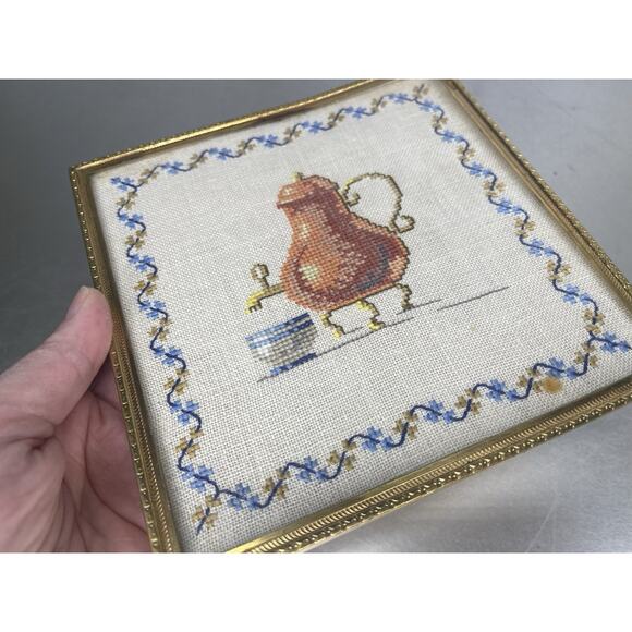 Vintage Kitchen Cross Stitch/Needlepoint Finished & Framed Teapot Coffee Footed - Picture 1 of 6